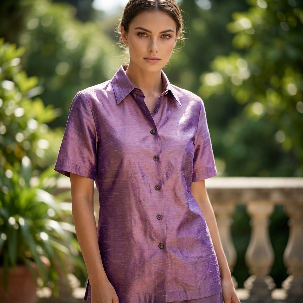 Tom Tom California Vintage Iridescent Silk Shirt Women M Purple Boho Artsy Retro